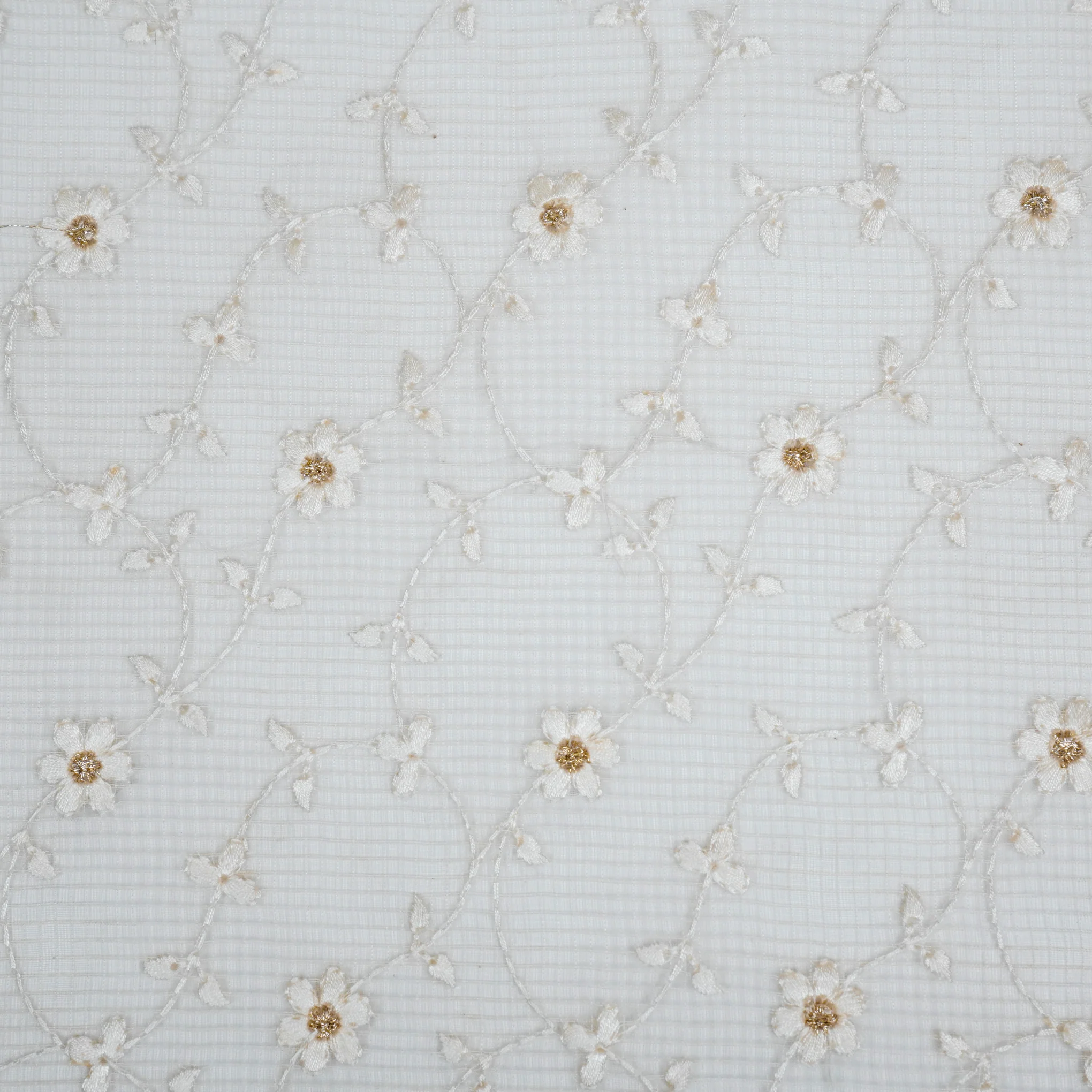 Wafiya White Semi Munga Kota Embroidered Fabric in Jaal Pattern - Image 3
