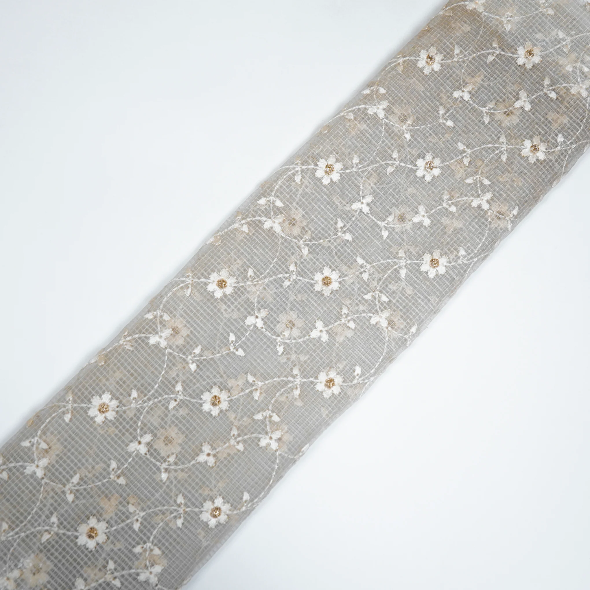 Wafiya White Semi Munga Kota Embroidered Fabric in Jaal Pattern - Image 4