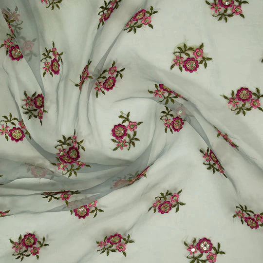 Wafiza Aqua Marine Viscose Organza Embroidered Fabric in Buti Pattern - Image 4