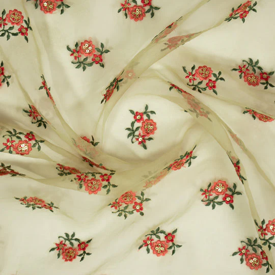 Wafiza Cream Viscose Organza Embroidered Fabric in Buti Pattern - Image 4