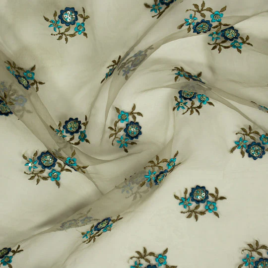 Wafiza Grey Viscose Organza Embroidered Fabric in Buti Pattern - Image 4