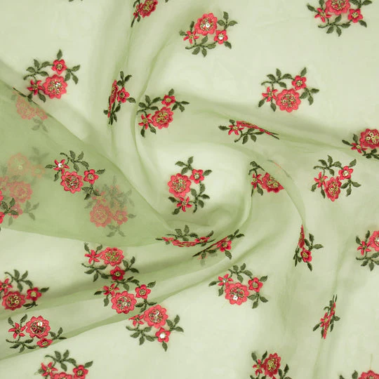Wafiza Sea Green Viscose Organza Embroidered Fabric in Buti Pattern - Image 4
