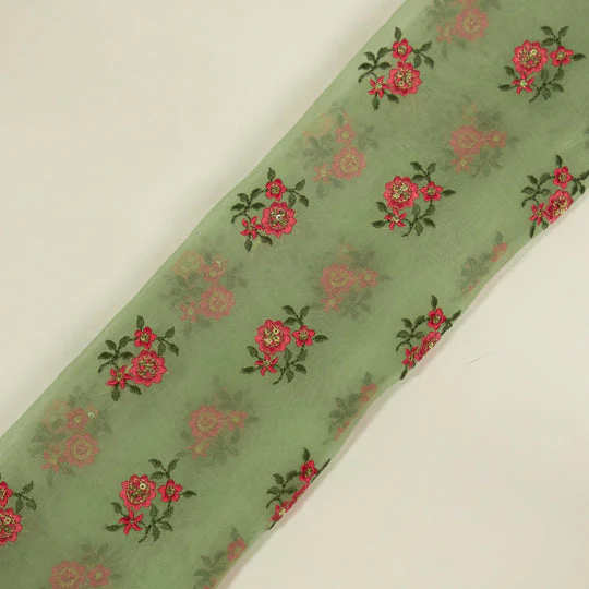 Wafiza Sea Green Viscose Organza Embroidered Fabric in Buti Pattern - Image 5