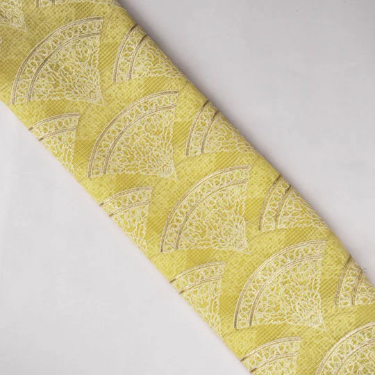 Wamika Lemon Semi Munga Kota Embroidered Fabric in Buta Pattern - Image 4