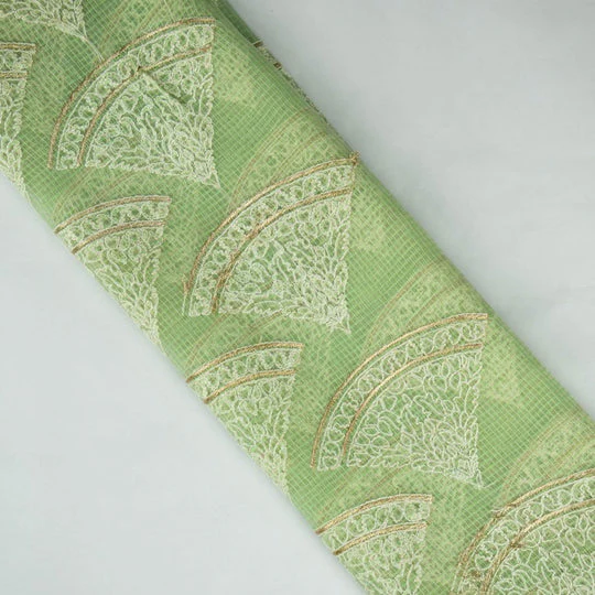 Wamika Sea Green Semi Munga Kota Embroidered Fabric in Buta Pattern - Image 4