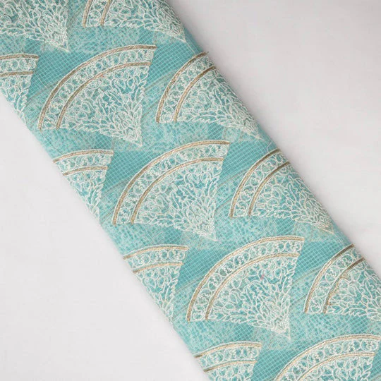 Wamika Turquoise Semi Munga Kota Embroidered Fabric in Buta Pattern - Image 4