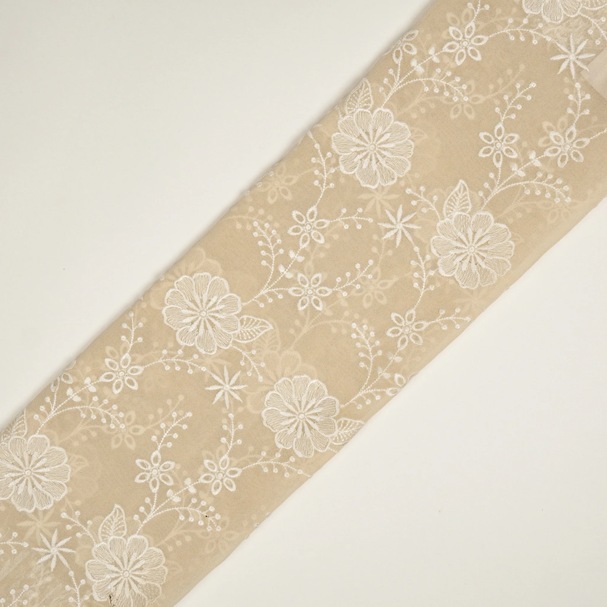 Waniya Cream Mul Chanderi Embroidered Fabric in Jaal Pattern - Image 4