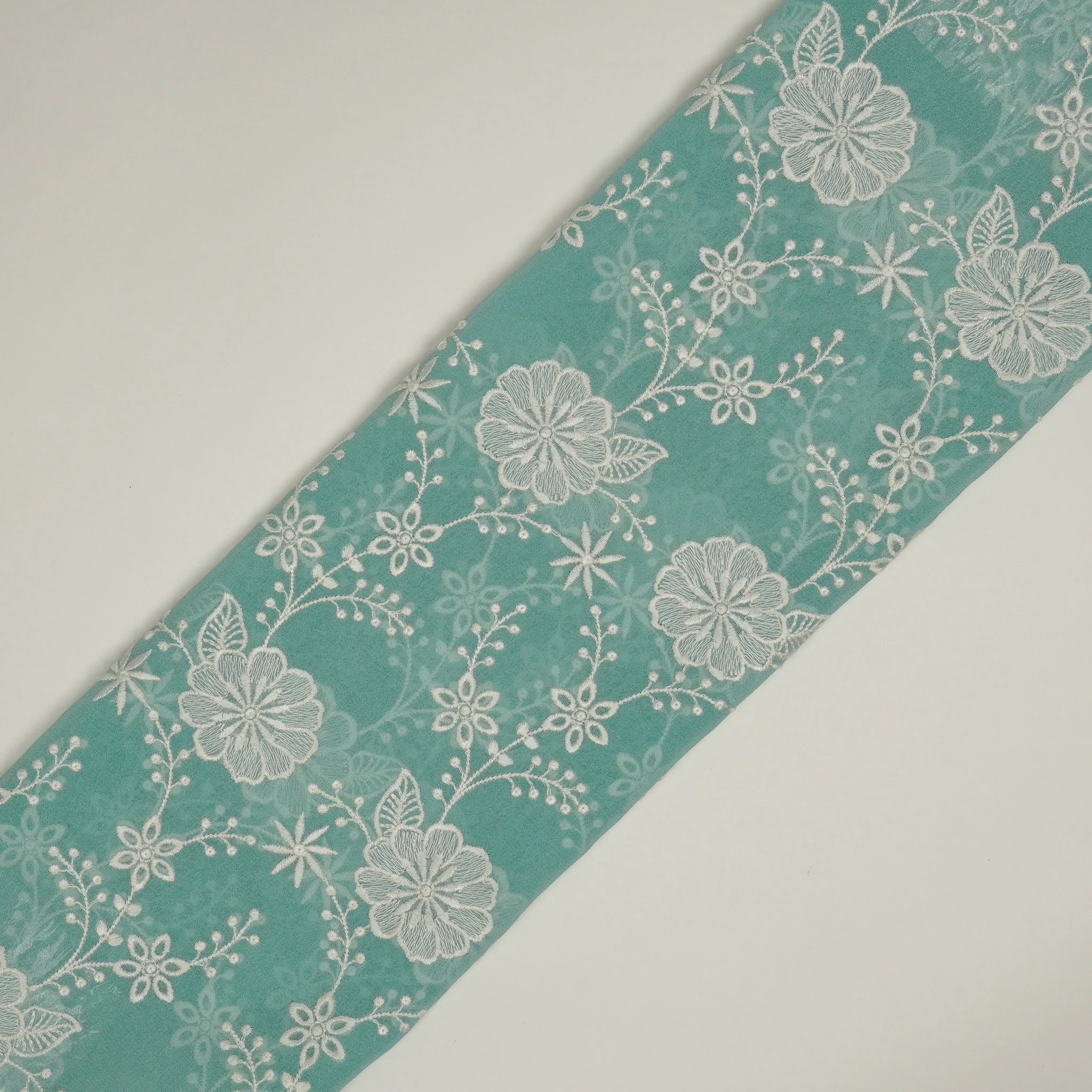 Waniya Turquoise Mul Chanderi Embroidered Fabric in Jaal Pattern - Image 4