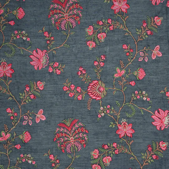 Yalina Navy Blue Chanderi Embroidered Fabric in Jaal Pattern - Image 3