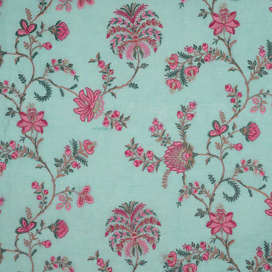 Yalina Sky Blue Chanderi Embroidered Fabric in Jaal Pattern - Image 3