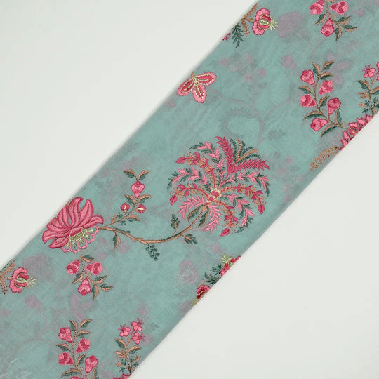 Yalina Sky Blue Chanderi Embroidered Fabric in Jaal Pattern - Image 4