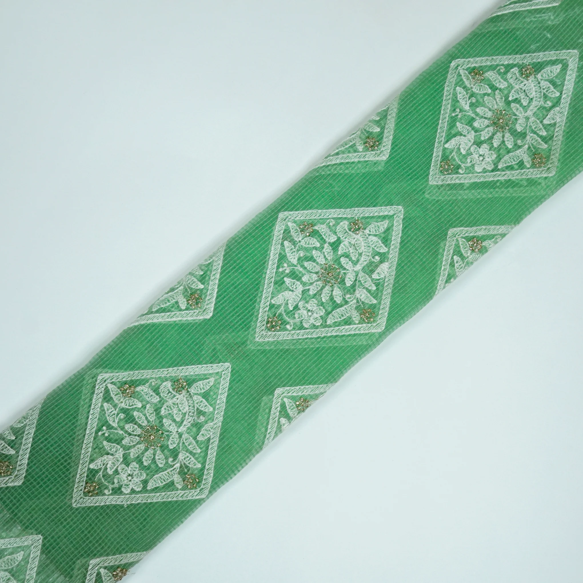 Yara Pista Green Semi Munga Kota Embroidered Fabric in Buta Pattern - Image 4