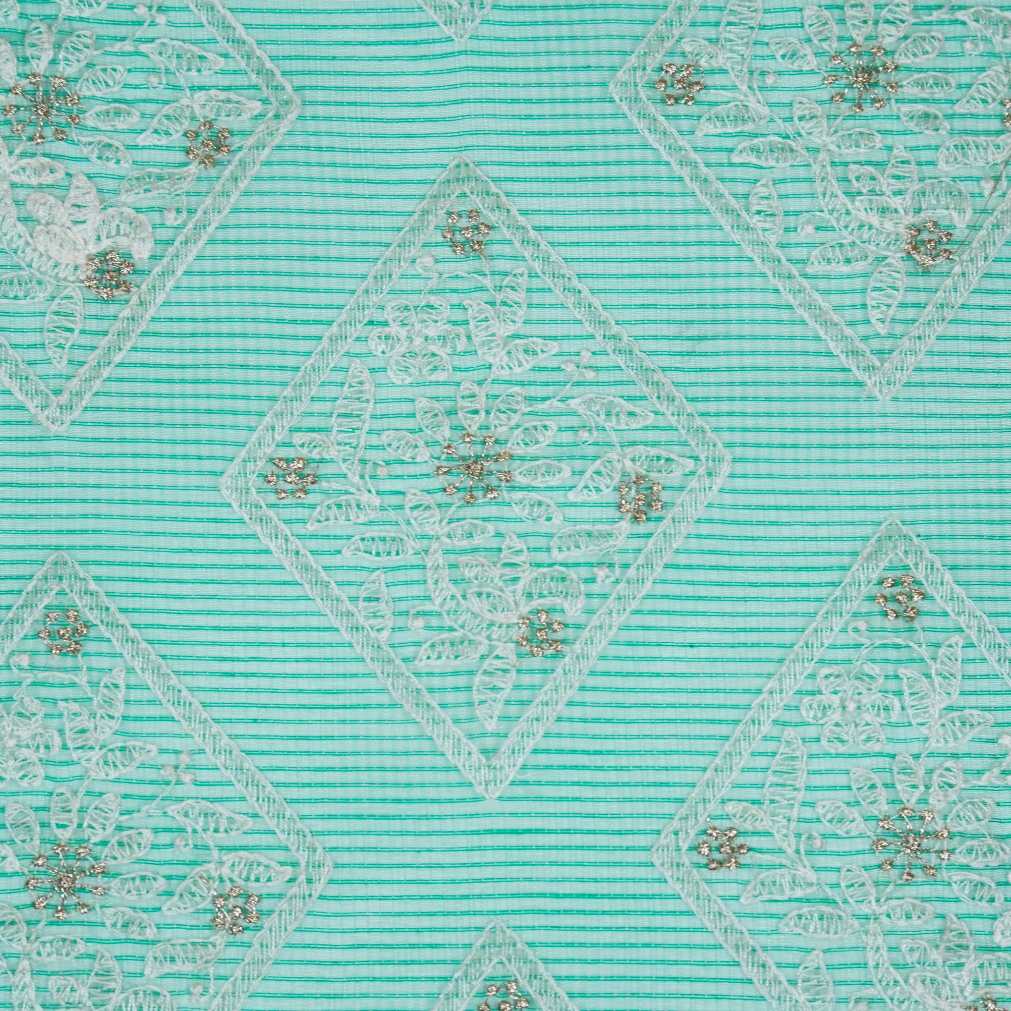 Yara Sea Green Semi Munga Kota Embroidered Fabric in Buta Pattern - Image 3