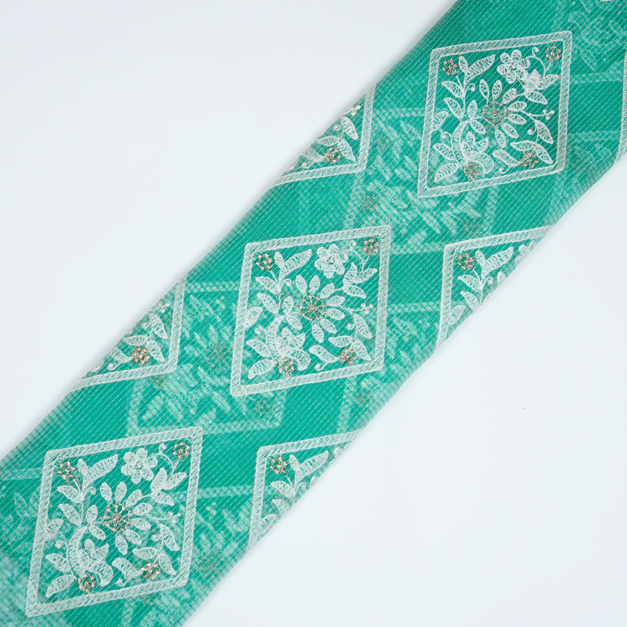 Yara Sea Green Semi Munga Kota Embroidered Fabric in Buta Pattern - Image 4