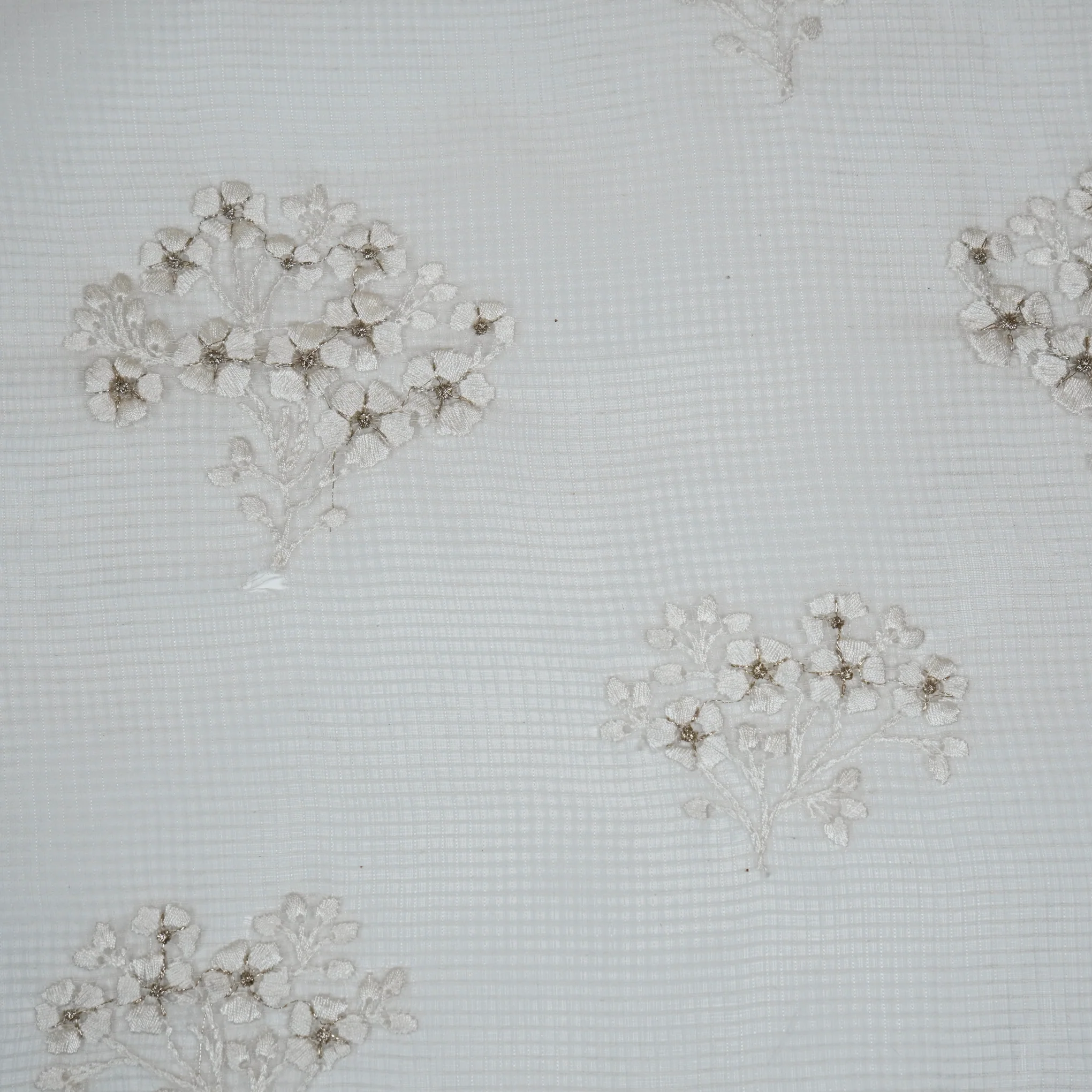 Yatika White Semi Munga Kota Embroidered Fabric in Buta Pattern - Image 3