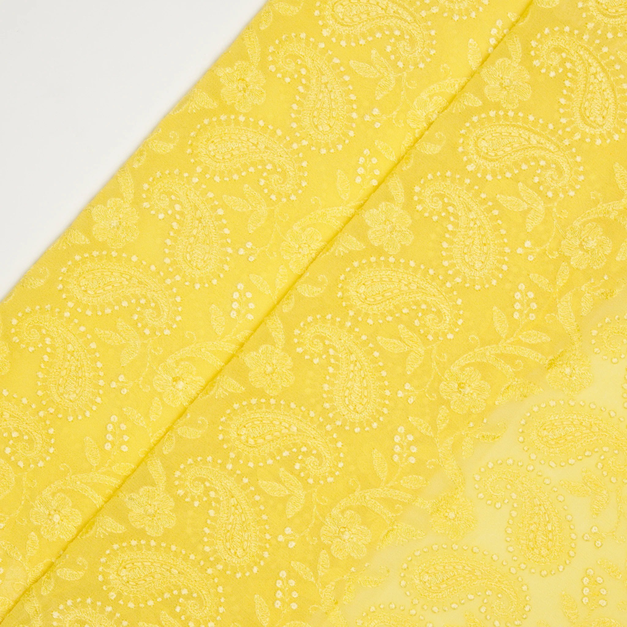 Zahra Lemon Viscose Georgette Embroidered Fabric in Jaal Pattern