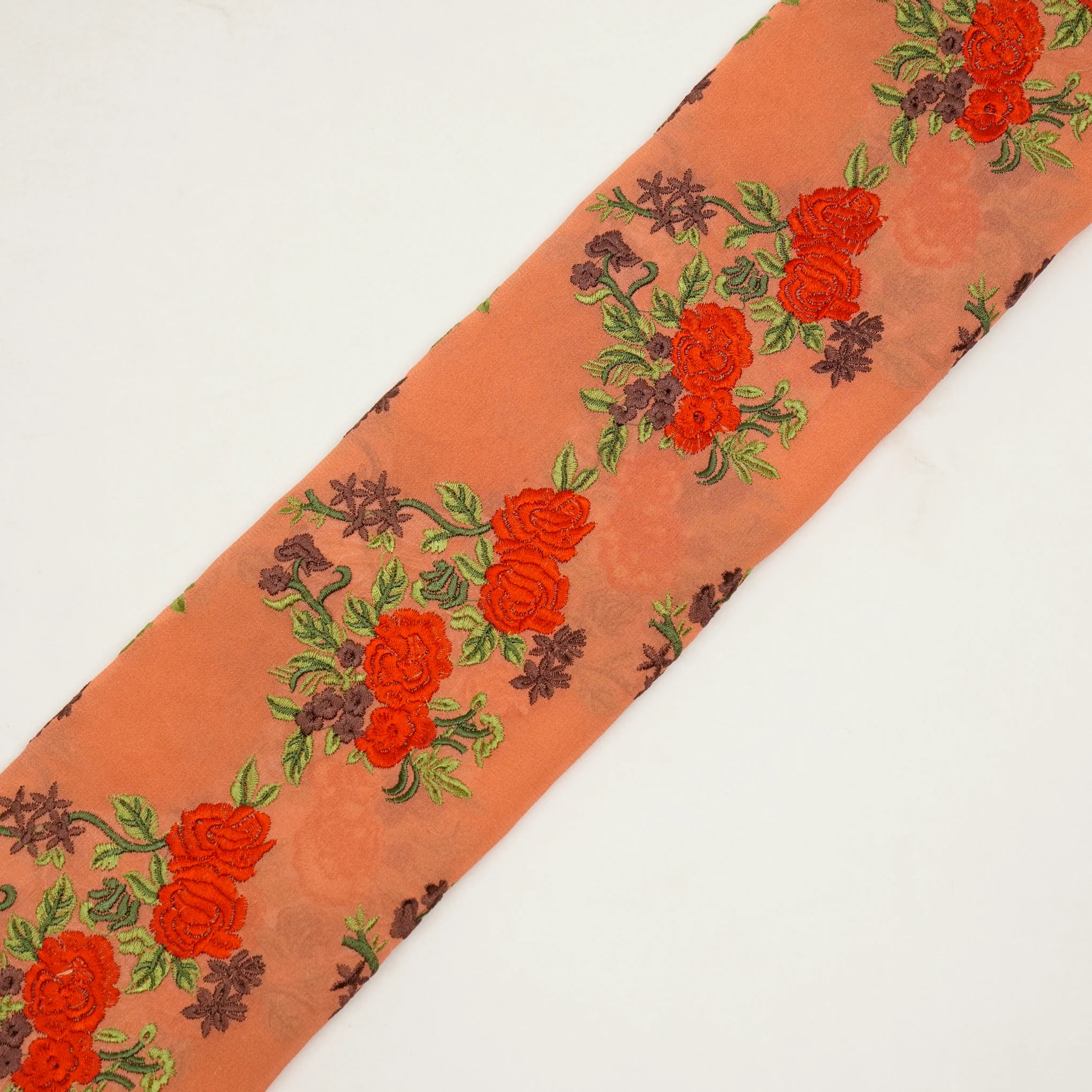 Zaira Peach Viscose Georgette Embroidered Fabric in Jaal Pattern - Image 4